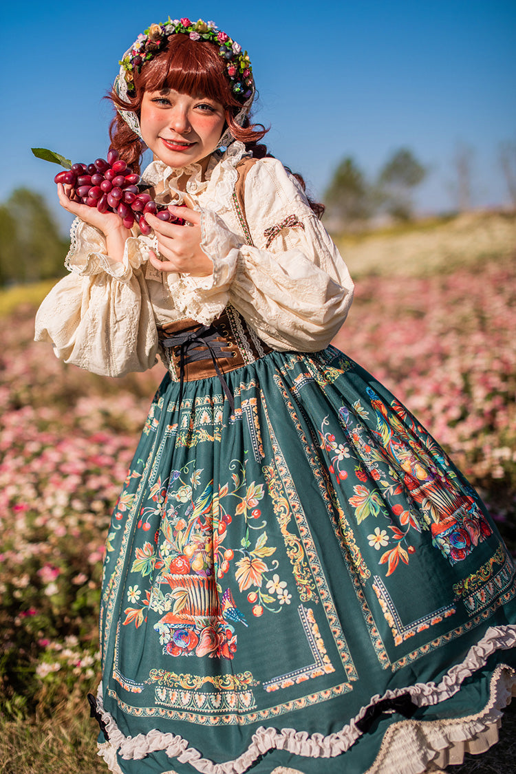Green [ode to Plenty] Berries and Birds Print Ruffle Bowknot Velvet Classic Lolita Breast Support Jsk Dress