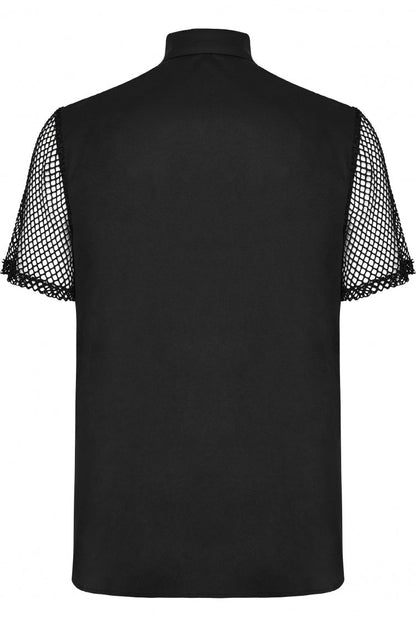 Black Lapel Collar Short Sleeves Mesh Stitching Punk Blouse