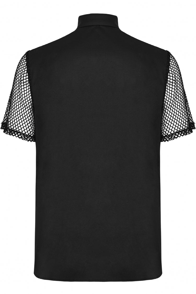 Black Lapel Collar Short Sleeves Mesh Stitching Punk Blouse