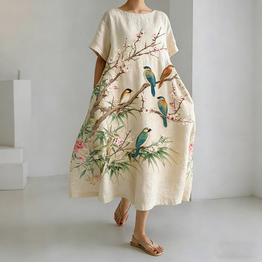 Comstylish Women's Japanese-style Artistic Floral And Bird Casual Dress