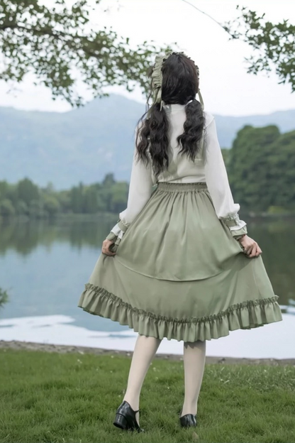 Retro Ruffle Shirt + Flare Skirt + Tie