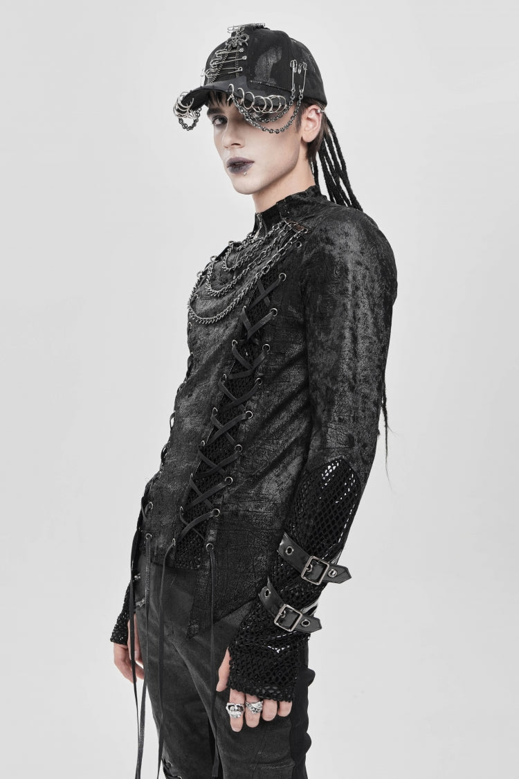 Black Stitching Lace-up Mesh Chain Punk Blouse