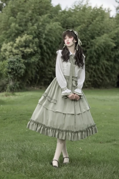 Retro Ruffle Shirt + Flare Skirt + Tie