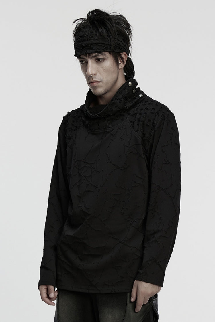 Black Stand Collar Long Sleeves Embroidered Ripped Studded Loose Punk T-shirt