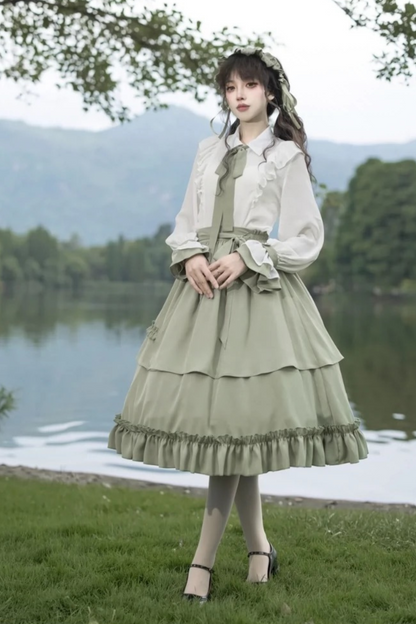 Retro Ruffle Shirt + Flare Skirt + Tie