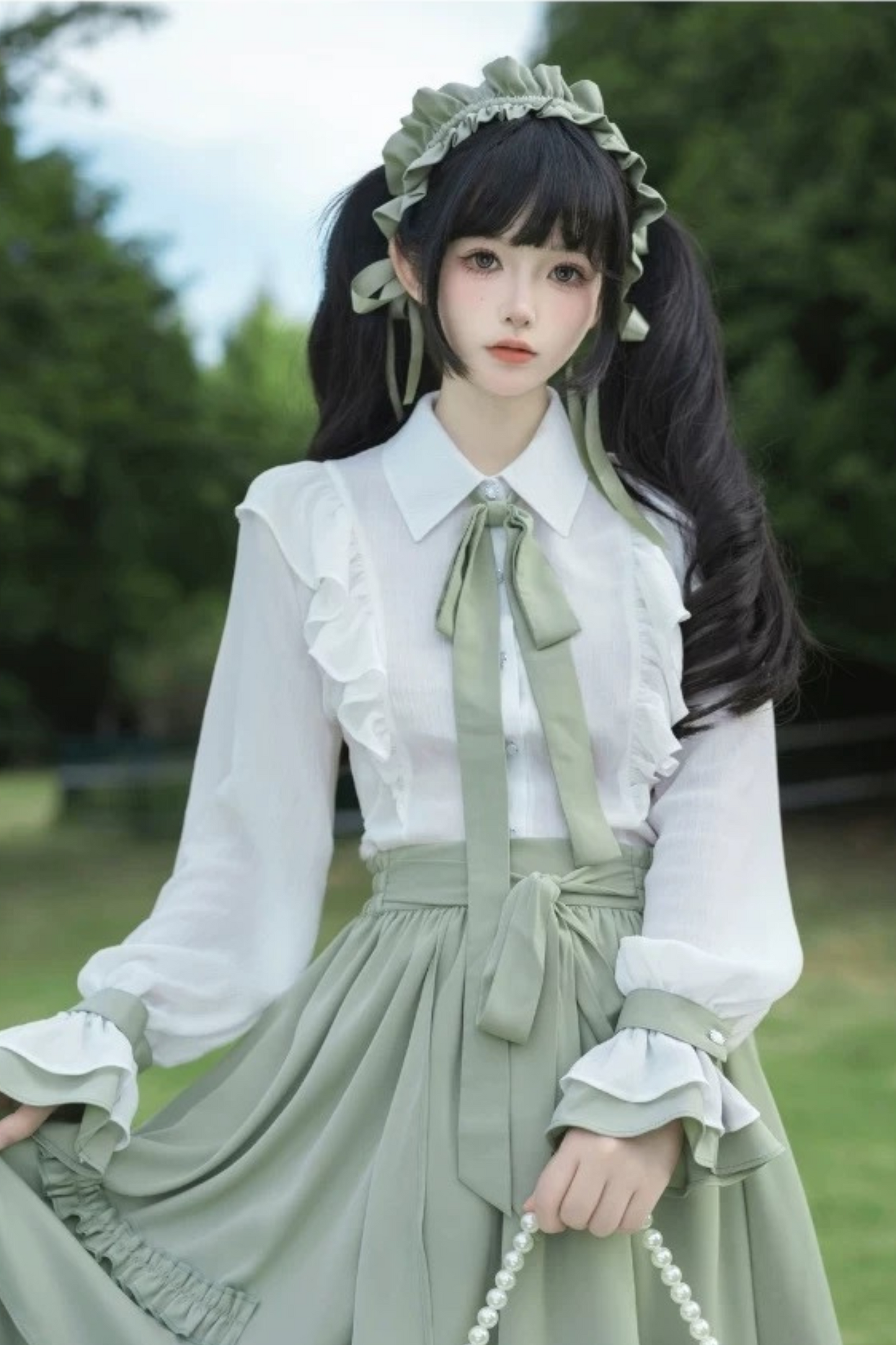 Retro Ruffle Shirt + Flare Skirt + Tie