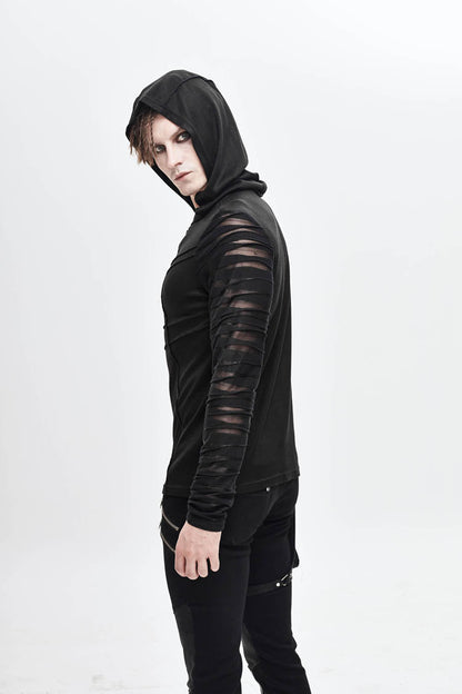 Black Collar Metal Button Irregular Striped Patchwork Bandage Hooded Punk T-shirt