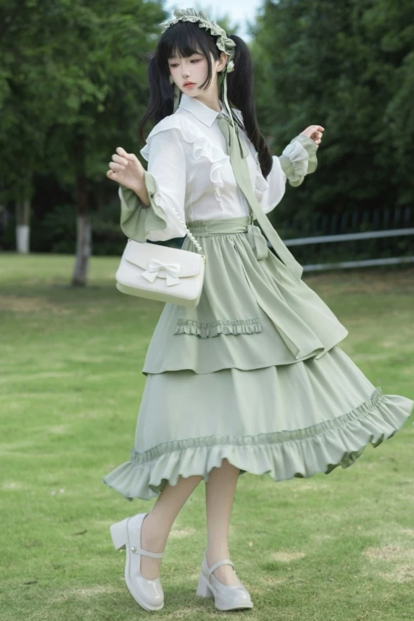Retro Ruffle Shirt + Flare Skirt + Tie