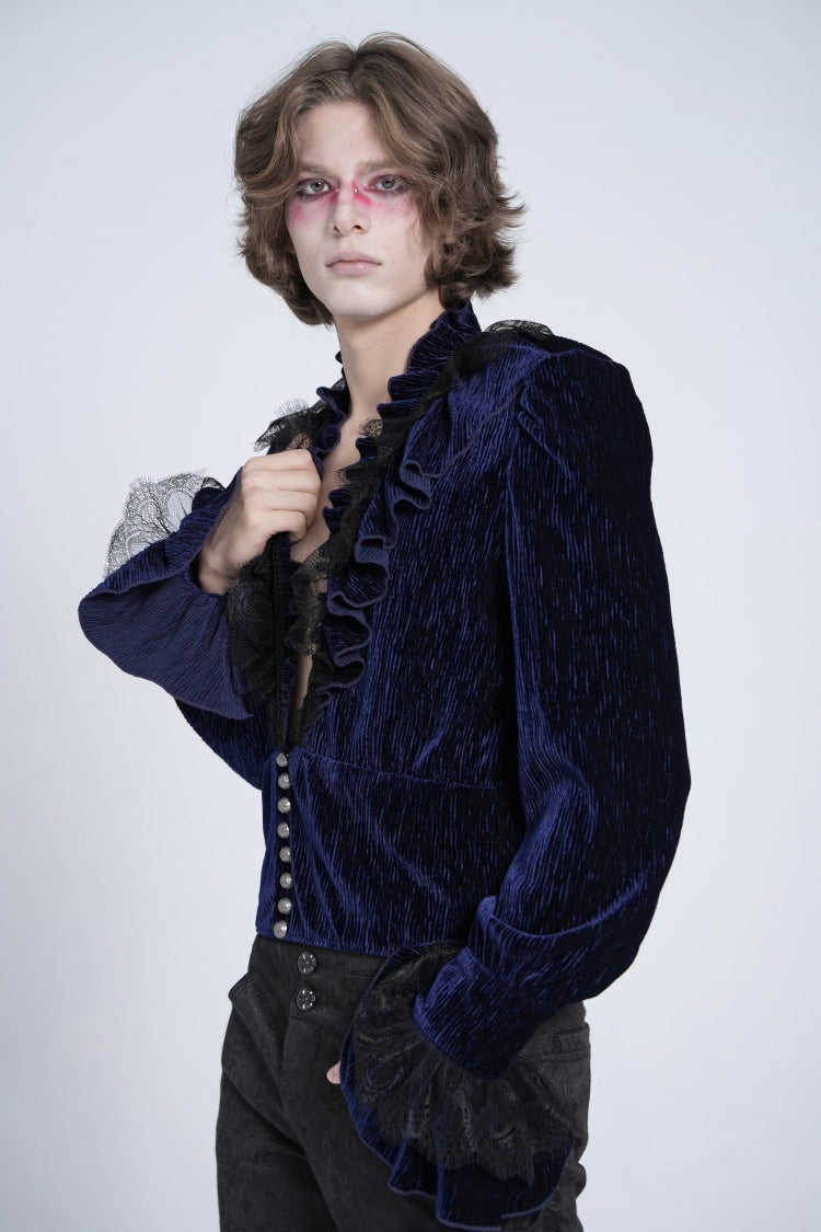 Blue V Collar Long Sleeves Ruffle Stitching Lace Gothic Blouse