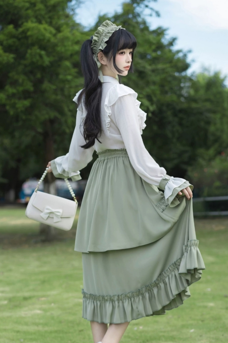 Retro Ruffle Shirt + Flare Skirt + Tie