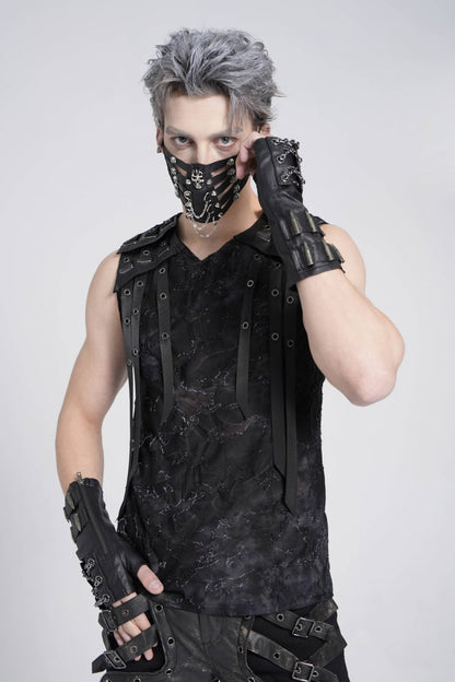 Black Sleeveless Eyelet Strap Distressed Gothic Vest