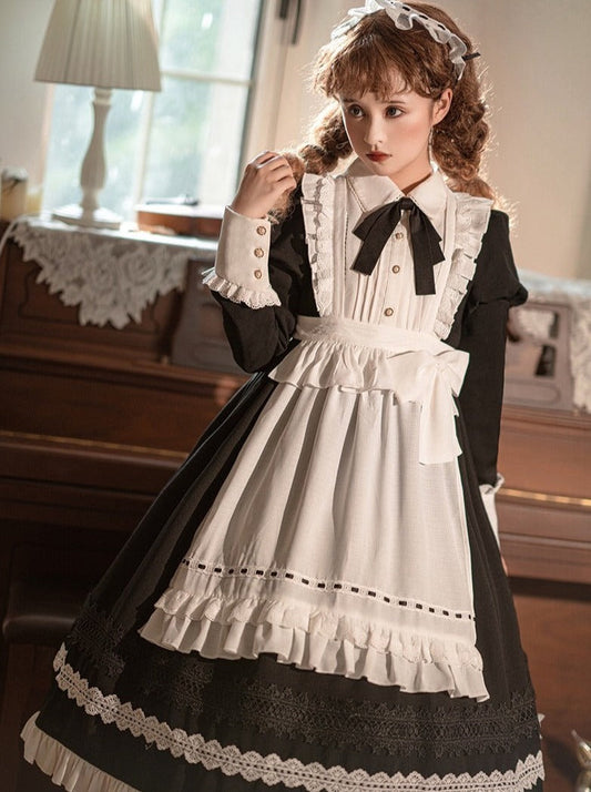 Front Ribbon Lantern Long Sleeve Maid Dress + Ruffle Big Ribbon Apron