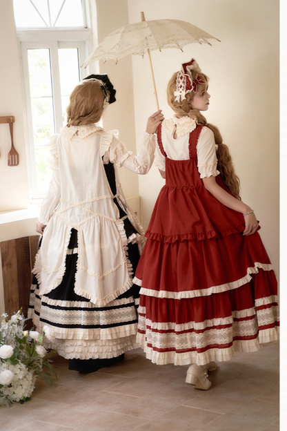 Doll Long Tiered Suspender Skirt + Shirt + Sleeves + Apron + Petticoat + Headband + Ribbon + Accessories