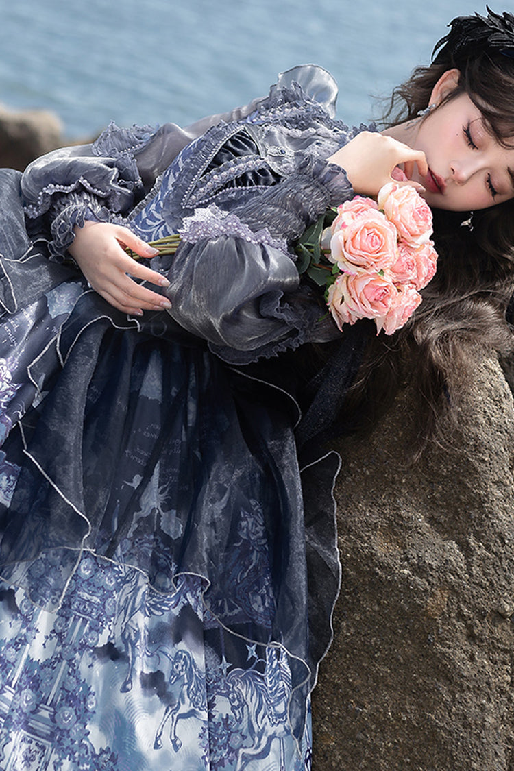 Blue [angel Garden] Print Ruffle Bowknot Asymmetric Classic Lolita Jsk Dress