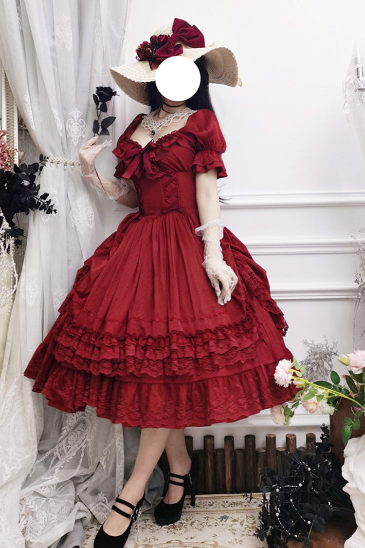 Red Short Puff Sleeves Multi-layered Ruffle Bowknot Classic Lolita Dress