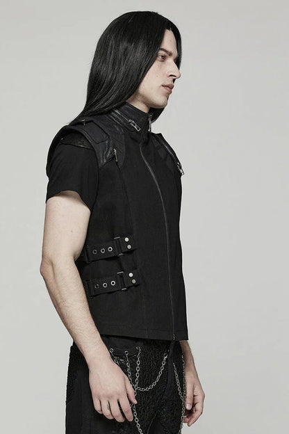 Black Stand Collar Side Waist Webbing Decorative Stitching Steampunk Vest