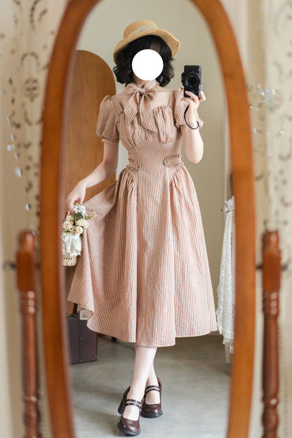 Red [chantilly Forest] Square Collar Short Sleeves Striped Printed Ruffled Classic Lolita Dress