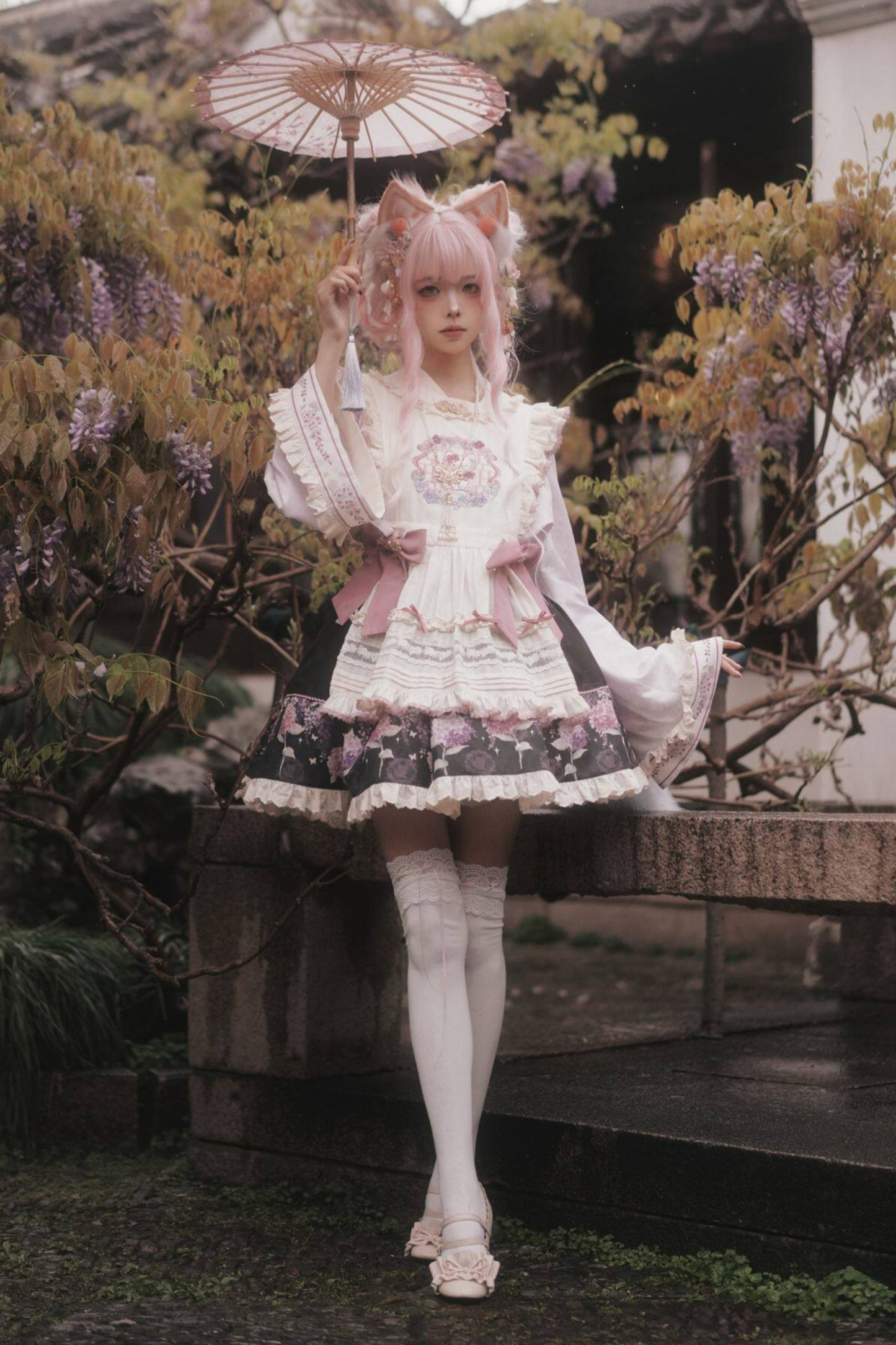 Chinese-style Lolita Top + Skirt + Apron + Headband + Bonnet