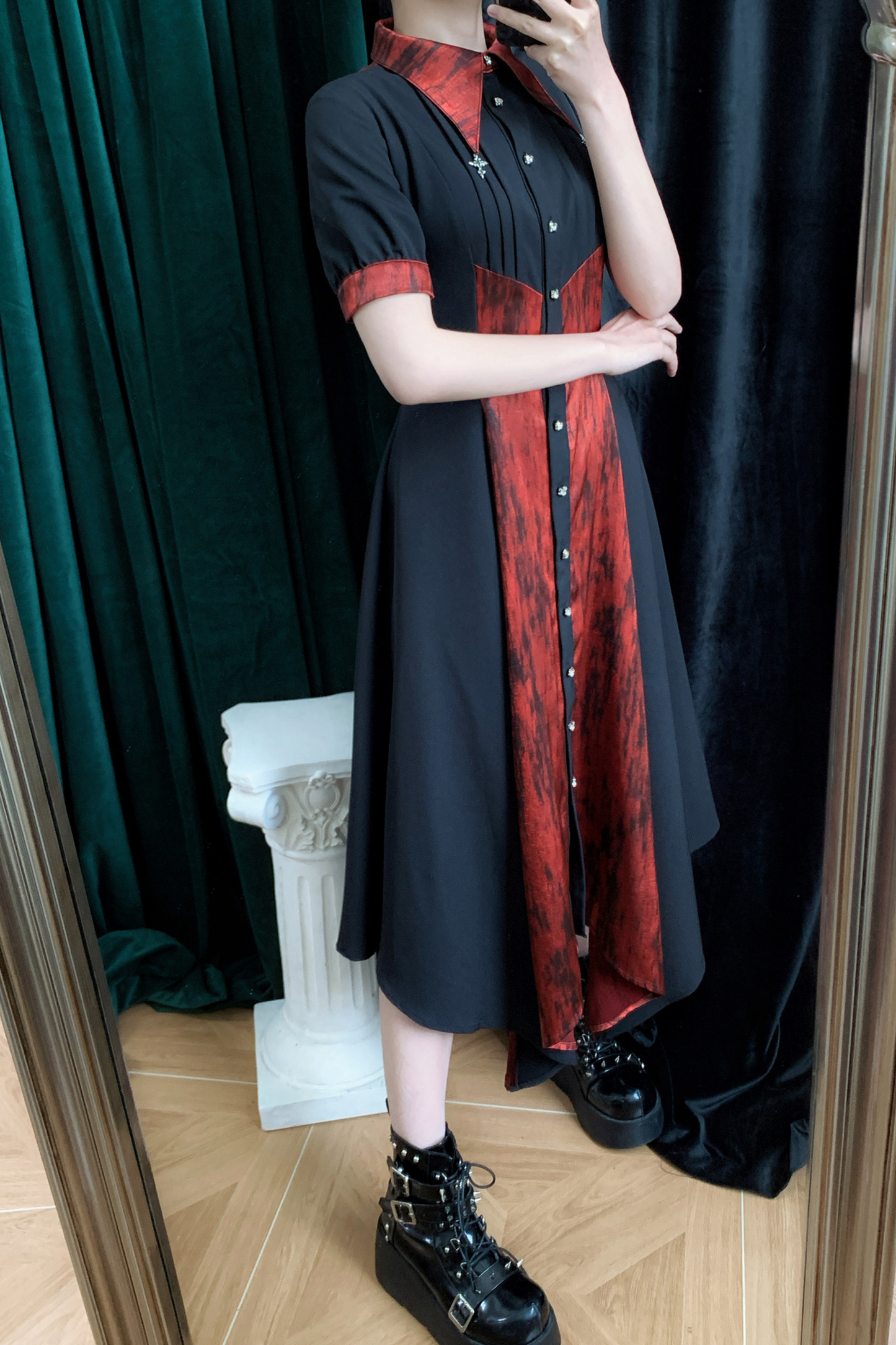 High Collar Blocking Asymmetrical Dress