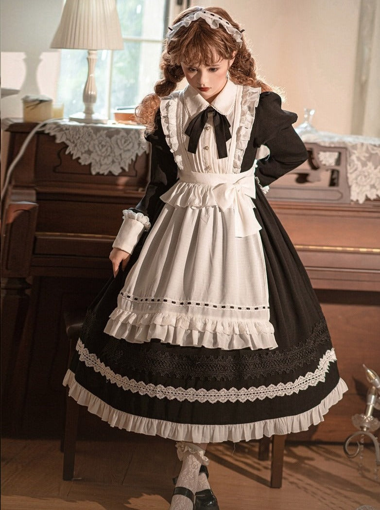 Front Ribbon Lantern Long Sleeve Maid Dress + Ruffle Big Ribbon Apron