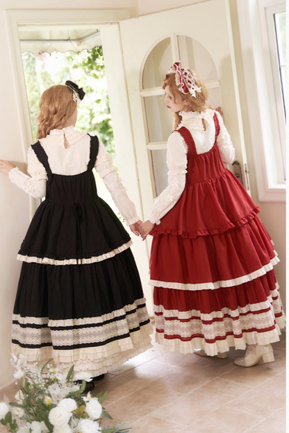 Doll Long Tiered Suspender Skirt + Shirt + Sleeves + Apron + Petticoat + Headband + Ribbon + Accessories