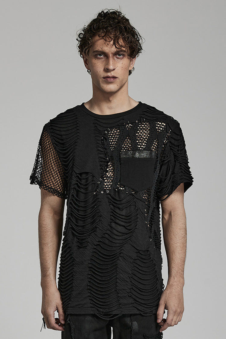 Black Short Sleeves Stitching Mesh Ripped Punk T-shirt