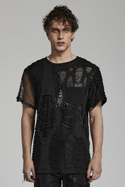Black Short Sleeves Stitching Mesh Ripped Punk T-shirt
