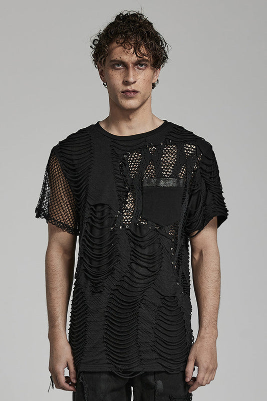Black Short Sleeves Stitching Mesh Ripped Punk T-shirt