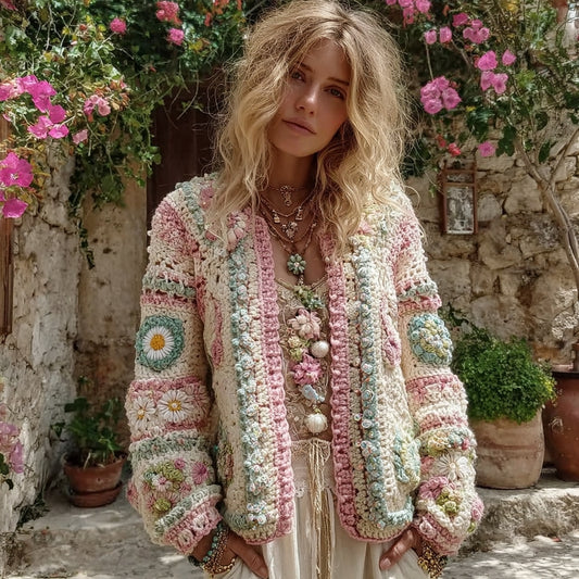 Women's Boho Colorblock Granny Check Chunky Knit Cardigan Sweater elevenforest