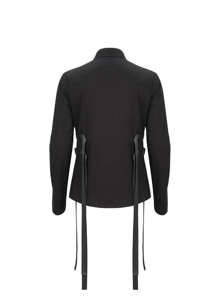Black Nylon Strap Metal Buckle Decoration Long Sleeve Elasticity Punk Shirt