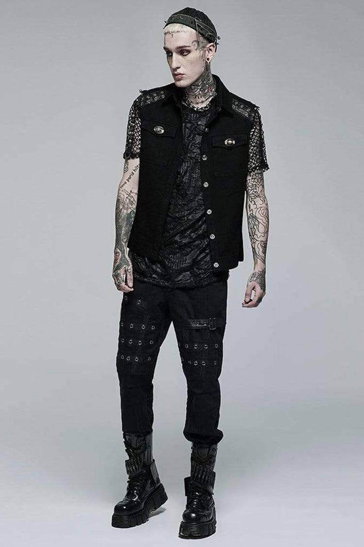 Black Punk Elastic Twill Fabric Featured Flap Pocket Metal Accessories Sleeveless Vest