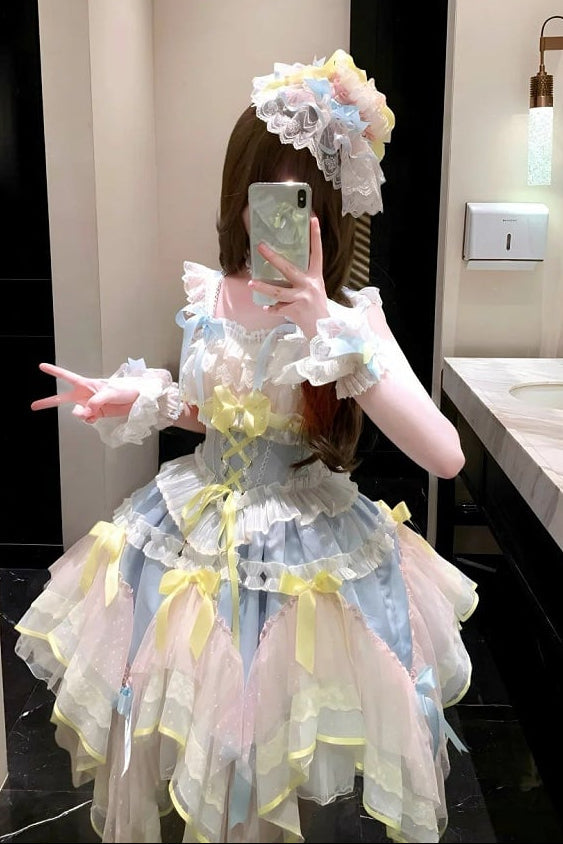[pre-order Deadline: May 8] Pink X Green/blue X Yellow Fairy Princess Lolita Tulle Lace Bow Layered Dress
