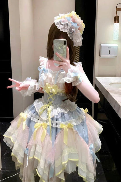 [pre-order Deadline: May 8] Pink X Green/blue X Yellow Fairy Princess Lolita Tulle Lace Bow Layered Dress