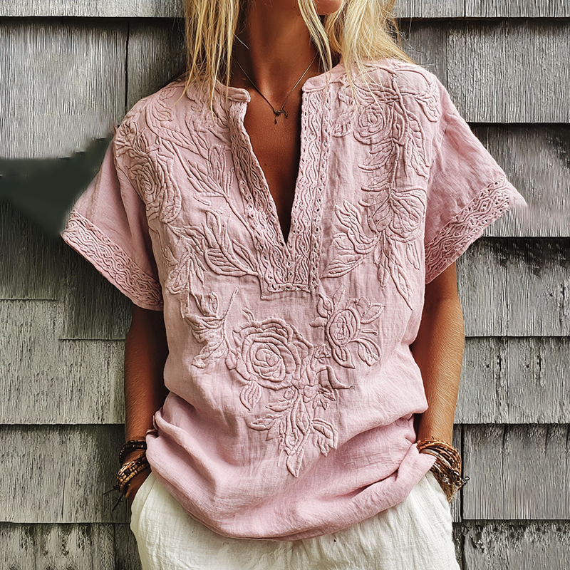 Women's Rose Floral Embroidery Art V Neck Comfy Shirt elevenforest