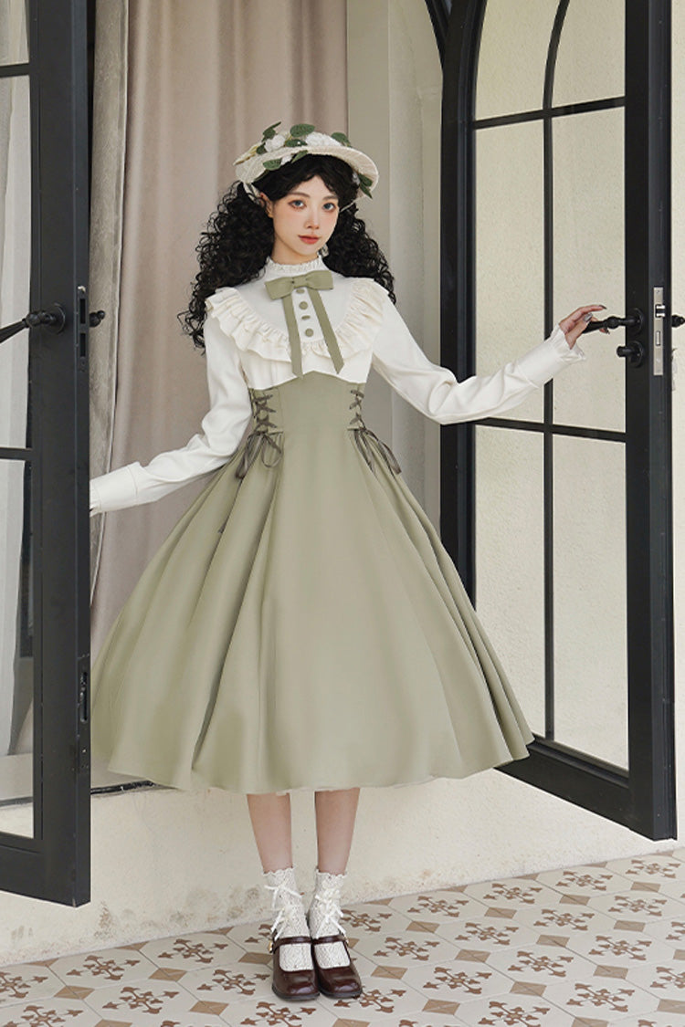 White/green [wind Garden] Stand Collar Ruffle Lace-up Color Matching Fake Two Pieces Classic Lolita Dress