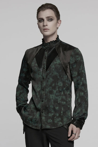 Black/green Stand Collar Long Sleeves Ruffle Pleated Gothic Blouse