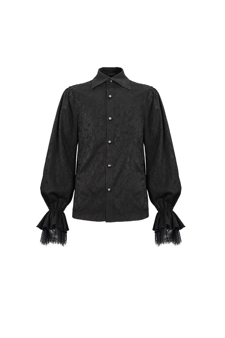 Black Lapel Collar Puff Sleeved Lace Hem Gothic Shirt