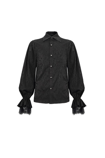 Black Lapel Collar Puff Sleeved Lace Hem Gothic Shirt