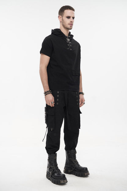 Black Hooded Mesh Splice Zipper Back Openwork Lace-up Short Sleeve Punk T-shirt