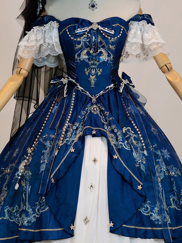 [pre-order Deadline: May 3] Dark Blue White Corset Lace Ribbon Lolita Jsk Princess Dress + Complete Set