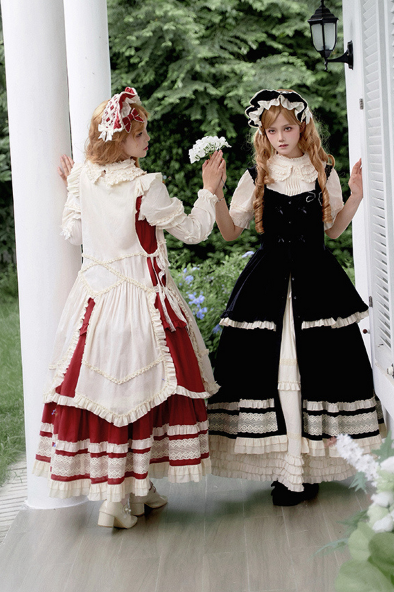 Doll Long Tiered Suspender Skirt + Shirt + Sleeves + Apron + Petticoat + Headband + Ribbon + Accessories