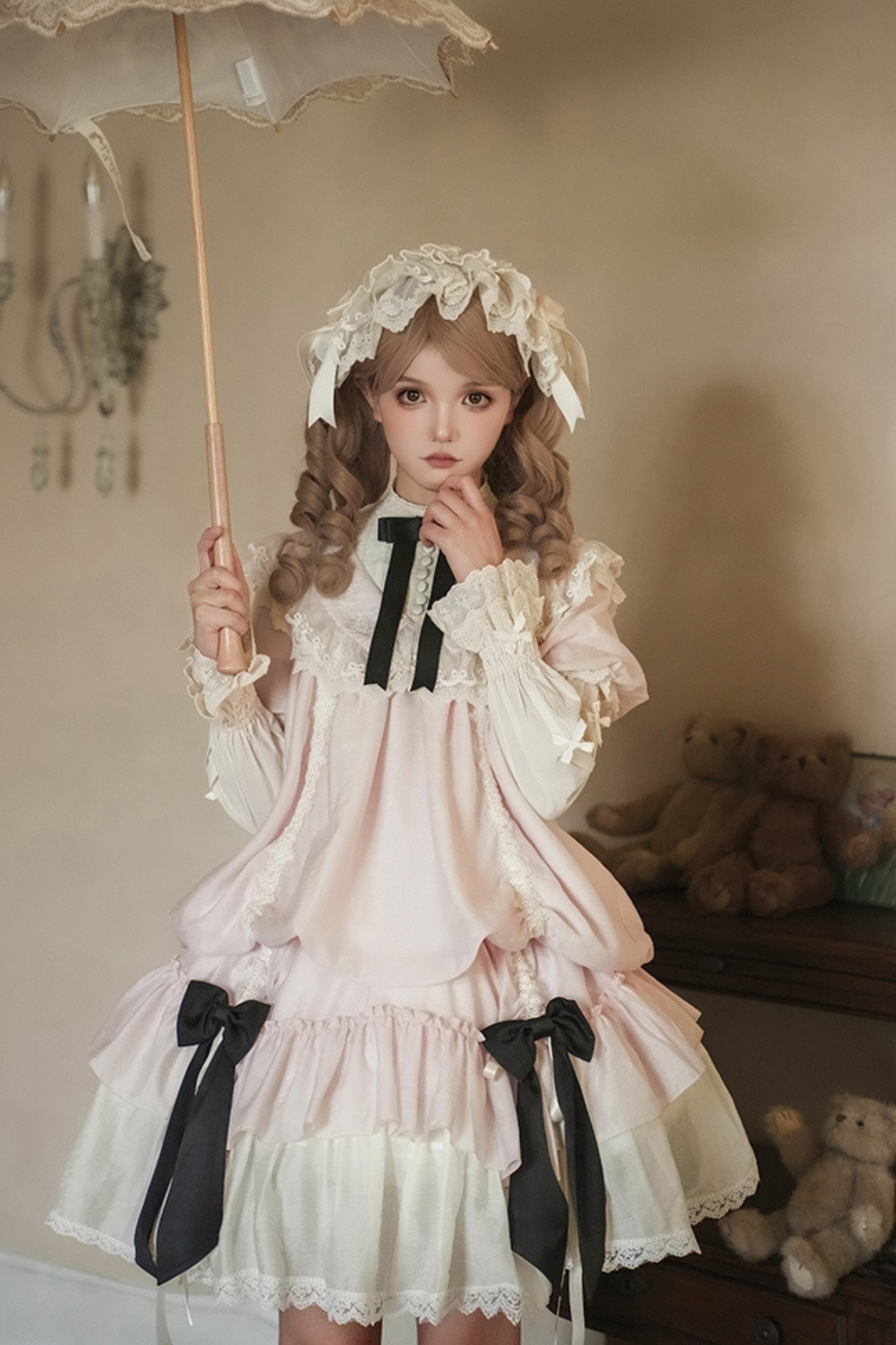 [pre-order] Rose Ruffle Lolita Dress + Dress + Belt + Brooch + Ribbon + Headband + Sleeve