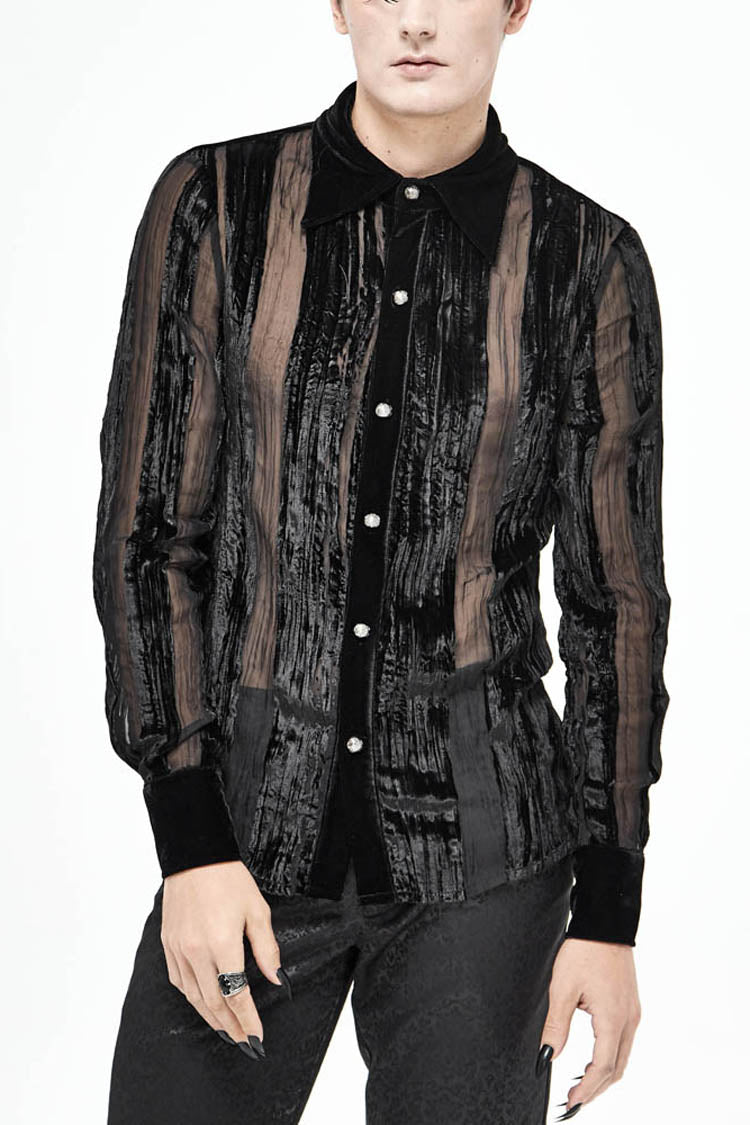 Black Striped Velvet Fold Mushroom Metal Buckles Long Sleeve Irregular Gothic Shirt