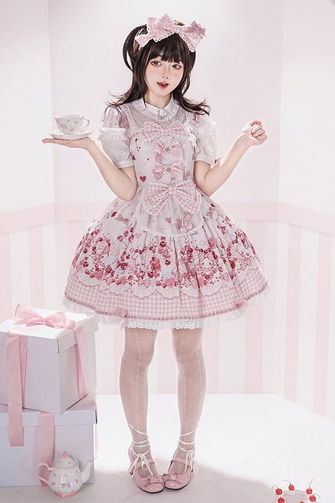 [pre-order Deadline: May 5] Pink Cherry Print Lace Ribbon Bunny Ear Apron Jsk Dress + Accessories