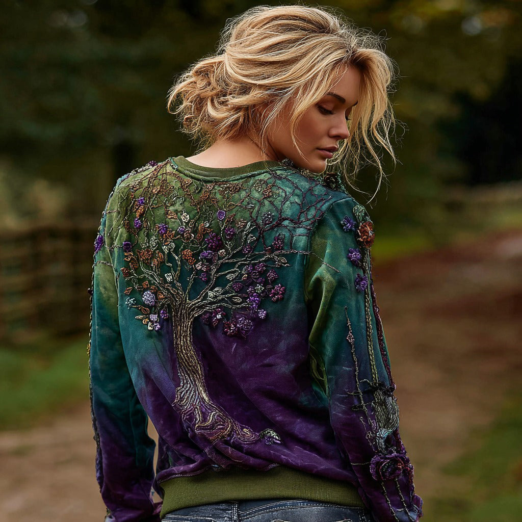 Women's Vintage Viking Tree Of Life Art Gradient Comfortable Crew Neck Sweatshirt elevenforest