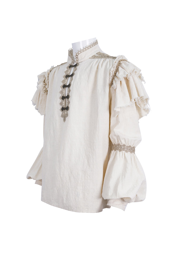 Beige Stand Collar Lantern Sleeves Multi-layer Ruffle Gothic Blouse
