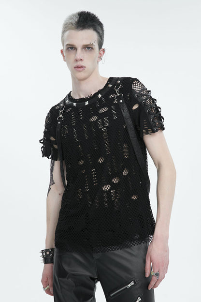 Black Half Hollow Shoulder Tie Design Punk T-shirt