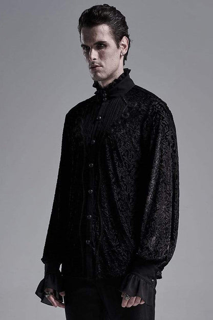 Black High Collar Lantern Sleeve Front Metal Retro Button Flounce Cuff Velveteen Knit Gothic Shirt