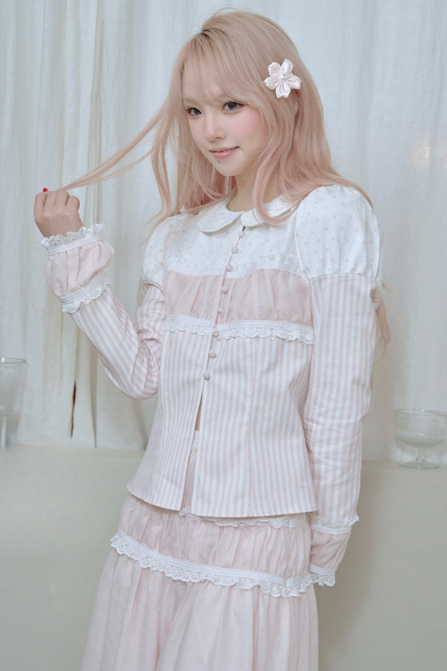 Striped Doll Collar Puff Sleeve Shirt