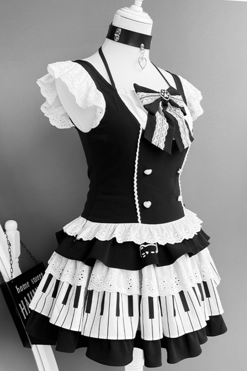 Dark Ruffle Top + Piano Skirt + Cat Sleeve